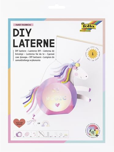 folia 94302 - Lanterna fai da te SWEET RAINBOW, ca. 19 x 44 x 6 cm - set per lanterne che può essere disegnato come un unicorno o un arcobaleno, incl. luce LED, 2 batterie e cuscinetto adesivo