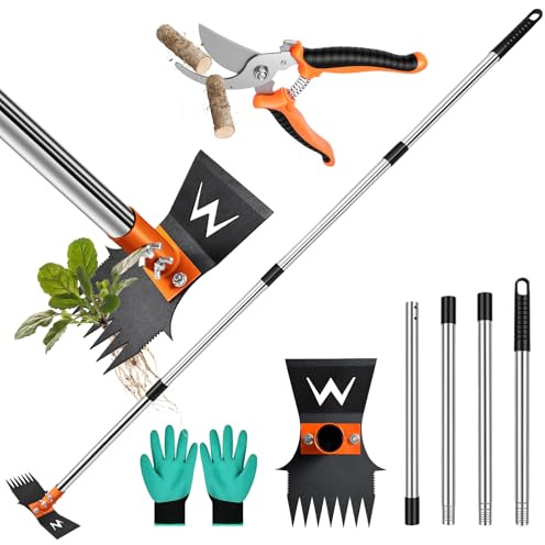 Garden Hoe & Weed Puller Tool with Long Handle, 60 Inch,Manual Weed Remover Tool, 3-in-1 Weed Rake & Grabber & Pruning Shears, Dandelion Gardenia Heavy Duty Uprooting Tool for Yard, Lawn and Garden