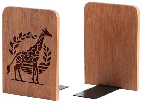 Giraffe Gifts, Giraffe Bookends - Heavy Duty Iron & Ebony Wood Book Ends for Shelves Bookcase Desk - 1 Pair, 4.72x6.69 Inches - Texture