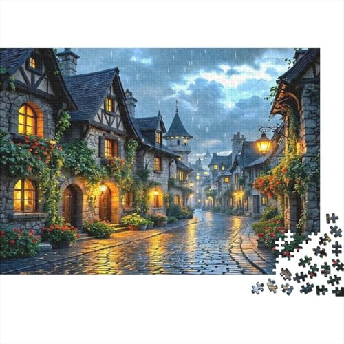 European Vintage Stone Town Street Jigsaw Puzzle for Adults 1000 Piece Jigsaw Puzzle Night Light Atmosphere Puzzle Game for Family Relaxing Focus Home Gift 38x26cm/1000pcs
