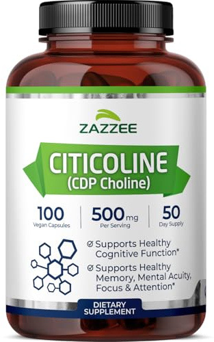 Zazzee Extra Strength Citicoline, 500 mg per Serving, 100 Vegan Capsules, Superior CDP Choline Form, 100% Vegetarian and Pharmaceutical Grade, 50-Day Supply, All-Natural and Non-GMO