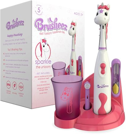 Brusheez Kids’ Electric Toothbrush Set - Safe & Effective for Ages 3+ - Parent Tested & Approved with Gentle Bristles, 2 Brush Heads, Rinse Cup, 2-Minute Timer, & Storage Base (Sparkle the Unicorn)
