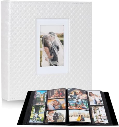 RECUTMS Album photo pour 600 photos de 10,2 x 15,2 cm, grande capacité, couverture en cuir, page intérieure noire, album de photos de famille, mariage, anniversaire, blanc