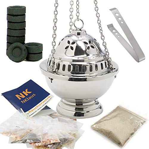 NKlaus Coffret encensoir argenté avec résines Naturelles Pince Charbon coupelle Amovible rituel méditation Purification détente Artisanat Laiton Fait Main Hauteur 14 cm 2917