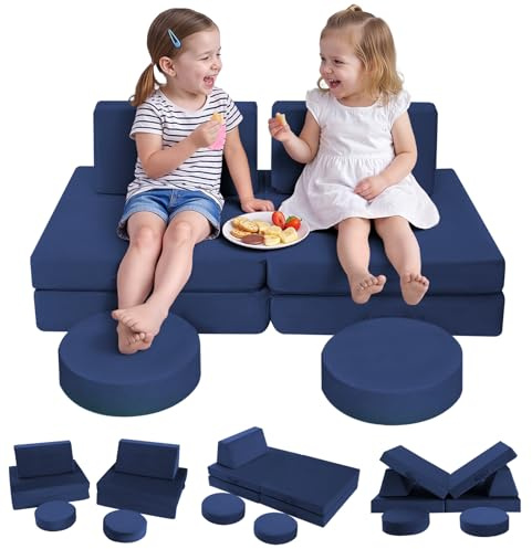 MeMoreCool Kids Couch for Playroom, 8-Piece Modular Toddler Play Couch in Navy, Convertible Foam Sofa Fort Building Set with Washable Plush Cover for Boys and Girls, Ages 1-5