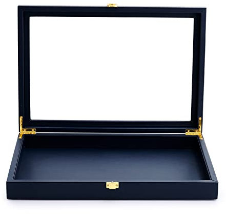 Oirlv Premium Blue Leather Flat Jewelry Tray with Acrylic Lid Jewelry Organizer Case Showcase Big Necklace Display Organizer Box with Locks for Security