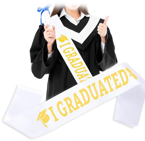 KEELYY Echarpe de Graduation Écharpe de Remise de Diplome avec Lettre Dorée Pailletée ‘I Graduated’, Décoration de fête Pour l'école, Université Remise de Diplôme - Blanc