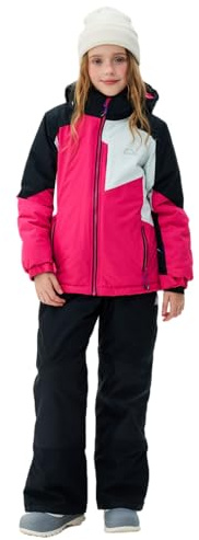 SMONTY Kinder Schneeanzug für Mädchen Winter Skijacke & Hose Set Kapuzenträger Set Winddicht Wasserdicht Warm(Rosa, weiß und schwarz, 10-12)