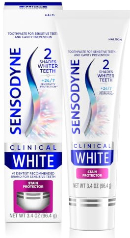 Sensodyne Clinical White Toothpaste Clinically Proven Whitening for Sensitive Teeth, Stain Protector, 3.4 oz