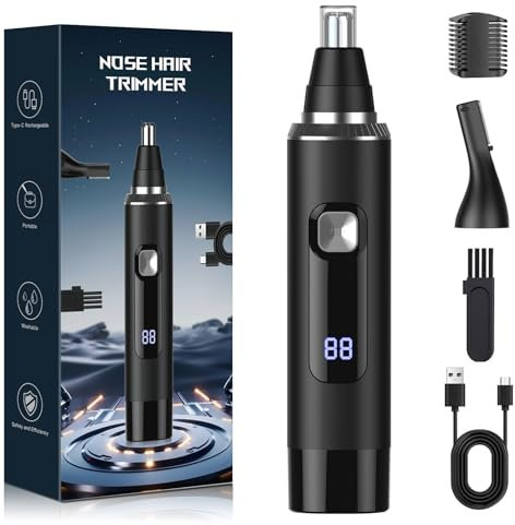 Nose Hair Trimmer for Men – 2-in-1 Rechargeable Ear and Nose Clipper with Eyebrow Groomer, IPX7 Waterproof, Dual-Blade Head & Digital Battery Display