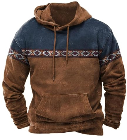 Caxndycing Sudadera con capucha para hombre, manga larga, deportiva, informal, suelta, con capucha, camiseta de manga larga, vintage, estampado étnico, suéter hippie, ropa vintage, chaqueta baja
