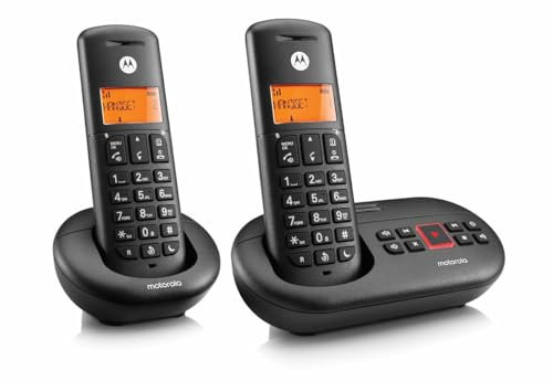 Motorola E212 Cordless Landline House Phone, Home Phone, Answer Machine, Nuisance Call Blocking, Do Not Disturb Button, Amber Backlit Display, Twin Handset Pack