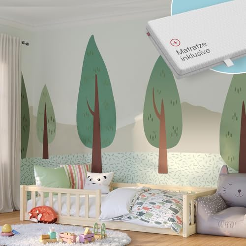 Bellabino Vere Bodenbett 90x200 cm – Montessori Kinderbett mit Matratze, Rausfallschutz & Lattenrost – Massives Kinder Bett für Jungen & Mädchen aus Holz Kiefer – Kleinkindbett in Natur