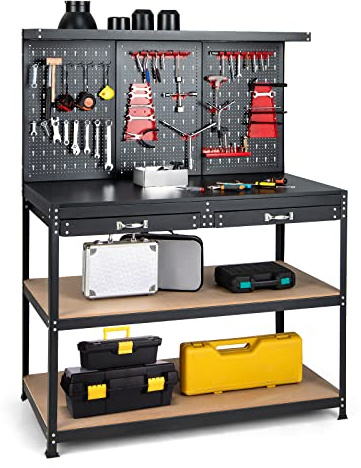 GYMAX Banco da Lavoro con Pannello Forato, Tavolo da Lavoro con 2 Cassetti, 3 Ripiani e 25 Accessori Appesi, Banco da Lavoro Pesante per Garage, Officina, Capacità di Carico di 435 Kg