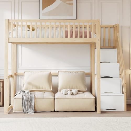 Soweiz Cama alta con escalera de almacenamiento de seguridad, borde de seguridad, estructura de cama de pino macizo, adecuada para niños, adolescentes y adultos, 140 x 200 cm (color madera original)