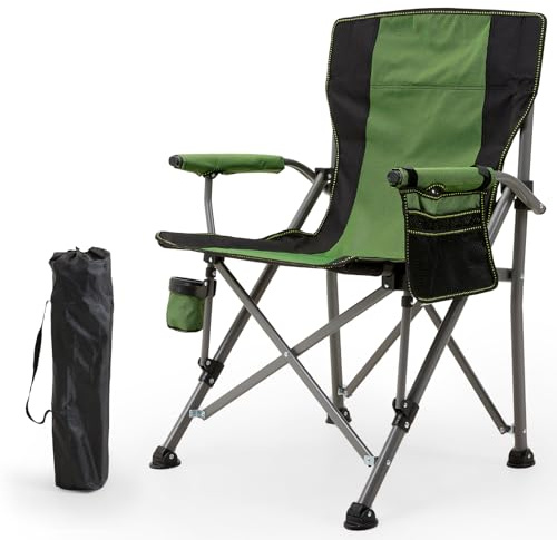 Warmiehomy Folding Camping Chair, 330lb Capacity, 54 x 53 x 92cm, Green | 4.5kg. Steel Pipe, 600D Oxford Seat with Cup Holder & Armrests, Side Pocket and Carry Bag for Camping, Fishing, Beach, Garden
