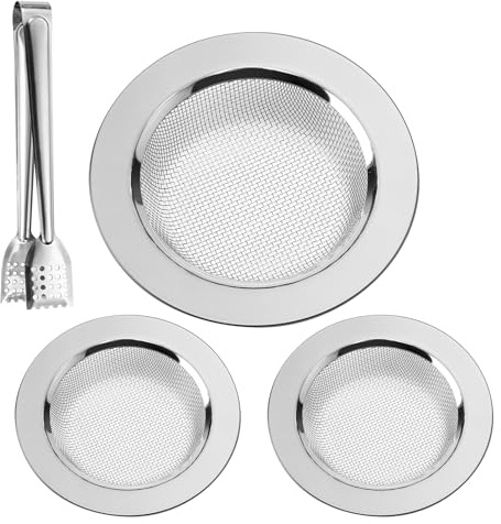UOCAI 3 stycken 7,5/11 cm rostfritt stål avloppssil set och livsmedelsklämma masksil dräneringssil dusch hårsil tvättställ sil kök sil avlopp handfat för badkar kök rökelse