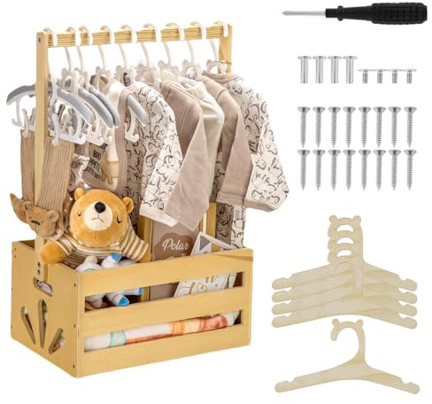 SKIKHN Panier Cadeau en Bois pour Bébé, Caisse de Rangement avec 5 Cintres, Poignée, Boîte en Bois pour Fête Prénatale