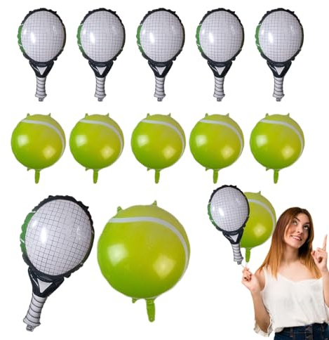 Tennis födelsedagsballonger – 12 st racket- och bollfolieballongset, realistisk sporttema | tennis temafesttillbehör för barn och vuxna, racketformade ballonger för festspel