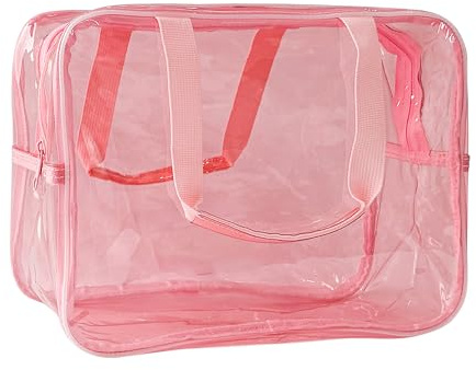 TotePrint Pochette Transparente et étanche en Vinyle pour Maquillage - Sac à Main étanche à bandoulière - Dimensions : 30 cm × 13 cm × 21 cm, Rose Clair, Moderne