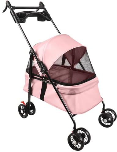 OHMG Passeggino per cani e gatti, fino a 25 kg, 4 ruote, passeggino pieghevole per viaggi all'aperto, carrello pieghevole per cani, con finestra in rete e portabicchieri