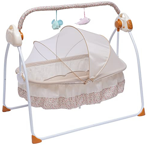 Electric Baby Cradle – Portable Smart Rocking Swing with Non-Slip Pad and Timer Function, 5 Adjustable Swing Amplitudes, Breathable 55lbs Capacity Foldable, 2* Plush Toy for Babies 0-18 Months (Khaki)