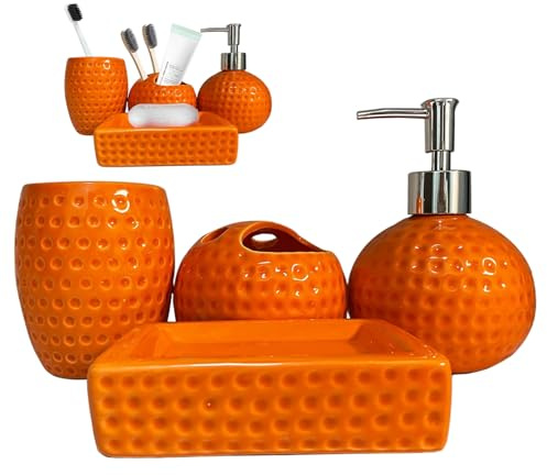 Set da bagno arancione da 4 pezzi, accessori da bagno in ceramica arancione include portaspazzolino, bicchiere, dispenser per lozioni, portasapone per l'arredamento della casa, dispenser di sapone, D