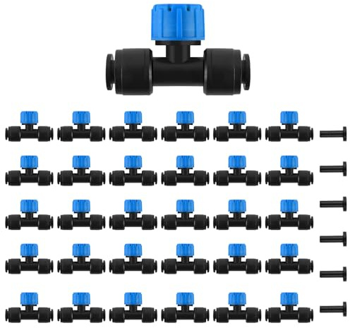 Kalolary Emisores de Riego por Goteo, 30pcs Conexión Rápida de Goteadores de Agua Ajustables de 360 Grados con Enchufes de 6pcs, para Tubos de 1/4, Goteadores de Riego para Jardín (Blue-8 Holes)
