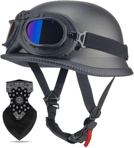 Caimcie Casco da Moto d'Epoca Tedesco a Mezza Calotta con ECE/DOT, Casco Jet semiaperto retrò con Occhiali di Sicurezza per Moto Cruiser ciclomotore Scooter ATV Uomo e Donna F,XL=60-61cm