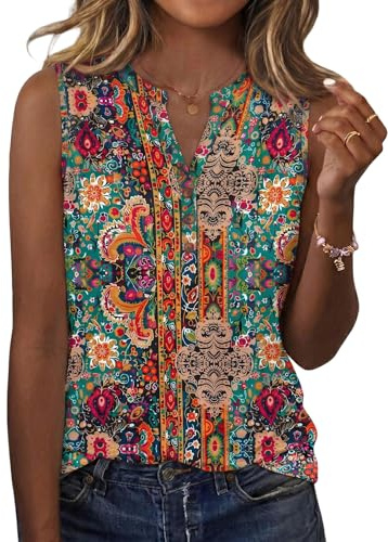 Arevill Womens Tank Tops Summer Cotton Sleeveless Henley V Neck Vest | Plain & Print, Soft and Breathable, Loose Fit Vest