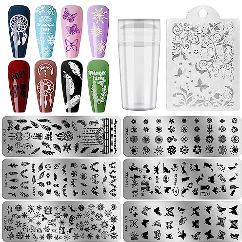 6PCS Nail Stamping Plates Kit, EBANKU Stamping Plates for Gel Polish with 1 Nail Stamper & 1 Nail Scraper, Flower Animal Pattern Manicure Print Tools for DIY Nail Art Designs