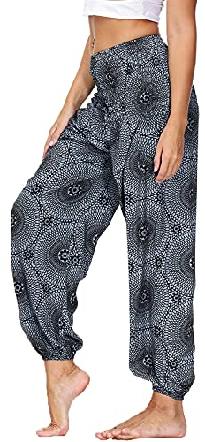 Nuofengkudu Damen Hippie Haremshose Yogahose mit Taschen Thai High Waist Yoga Hosen Leichte Dünn Boho Ethno Muster Strand Sommerhose Pumphose Freizeithose Einheitsgröße Y-Schwarz