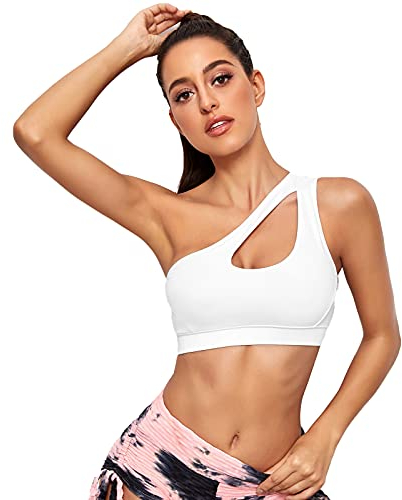 Vertvie Damen One Shoulder Sport BH Sexy Bügellos Workout Bra Gepolstert Tank BH Push Up Bequem Yoga Bralette Fitness Training Mittlere Unterstützung(Weiß，L)