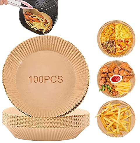 100 Stück Backpapier für Heißluftfritteuse, Air fryer Backpapier Antihaft Wasserdicht Ölfest Einwegschalen Luftfritteuse Pergamentpapier Liner für Heißluftfritteuse Bratpfanne Ofen Mikrowelle Grill