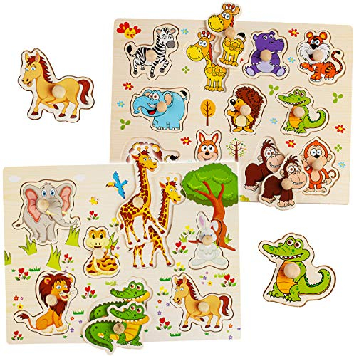 alles-meine.de GmbH 2 Stück - Holz - Steckpuzzle - Bauernhof Tiere & Zootiere - aus Holz - mit Griff - großes Holzpuzzle/Einlegepuzzle - Legespiel - Rahmenpuzzle/Kinderpuzzle..