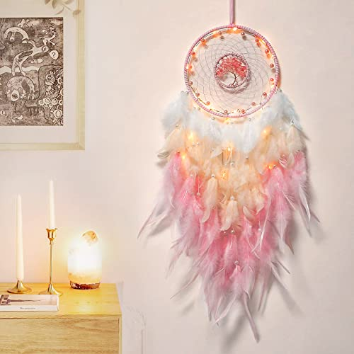 Hongyans Traumfänger mit LED Licht Handgefertigt Dreamcatcher mit Federn Böhmen Dekoration für Schlafzimmer Hochzeit Wandbehang Ornament Mädchen Kinder Geschenk