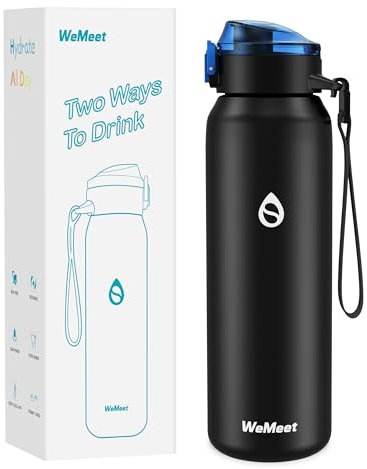 WEMEET Bouteille isotherme de 1000 ml avec paille, en acier inoxydable 18/10, sans BPA, avec sangle, pour café, thé, école, noir
