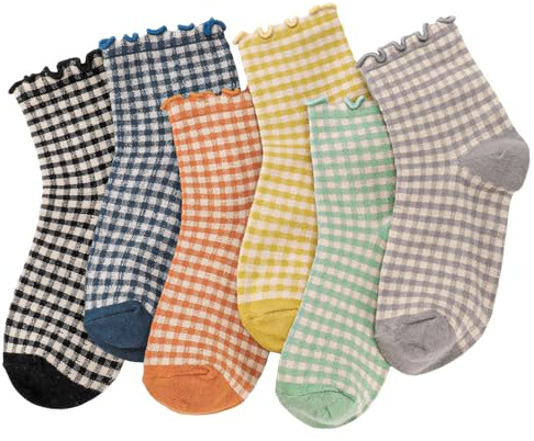 GGSTDDUP 6 Pairs Women Ruffle Striped Frilly Socks, Cute Checkered Ankle Sock for Women Cotton Knit Casual Crew Socks Size 5-9