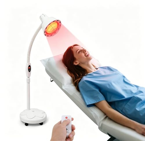 HuKaiL EU 275 W röd lju värmelampa, 220 V infraröd lampa med stativ 360° rotation temperatur och höjdjusterbar, infarotlampa med tidmätsystem och 5 universella hjul för smärtlindring