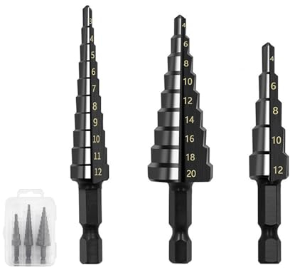 Okaywork 3PCS Broca Escalonada para metal,3-12/4-12/4-20mm Broca conica acero de alta velocidad Titanio, Vástago Hexagonal, para Taladrar con Destornillador en Acero, Madera Latón, Aluminio (negro)