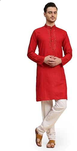 SKAVIJ herr bomullsblandning broderad Kurta pyjamas set trådarbete vävd design festlig etnisk klänning, Röd, XL
