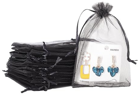 100-pack svarta organza-presentpåsar, 9 x 12 cm små organza-favoritväskor, bröllop smycken påsar med dragsko, nät godis favoritväska fest söta väskor för födelsedag, bröllop, jul, presentförpackning