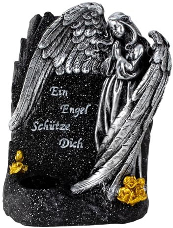 Grabengel Gedenkstein mit Spruch und Kerzenhalter, 21 cm, Schwarz-Silber mit goldenen Akzenten, Polyresin