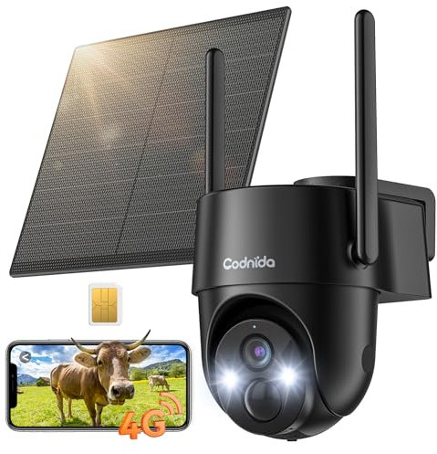 Codnida 4G LTE Camara Vigilancia con Tarjeta Sim, 2K Cámara Exterior con Placa Solar, PTZ Camera sin Cable, Detección de Movimiento PIR, Audio Bidireccional, Visión Nocturna en Color
