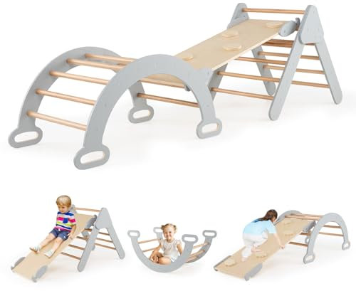 COSTWAY Kletterdreieck mit Rutsche, Kletterbogen, inkl. doppelseitige Rampe, zum Klettern, Rutschen und Wippen, 4 in 1 Klettergerüst Indoor ab 1 Jahr (Grau)