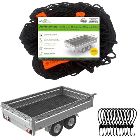 Offgridtec Rete di sicurezza per rimorchio da 1,5 x 2,7 m su 2,5 x 3,5 m, estensibile e a maglia fine, con 10 ganci di serraggio, marcature angolari, corda in gomma rinforzata, fissaggio del carico