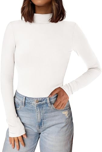 PRETTYGARDEN Women's Turtleneck Long Sleeve Shirts 2026 Fall Basic Tees Ribbed Fitted Tops Thermal Layering Knit Top Clothes (White,X-Small)