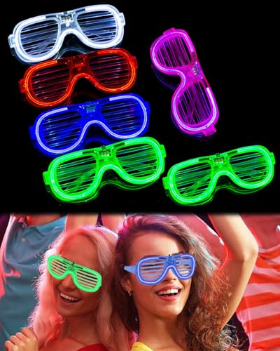 Light Up Glasses 6 Pack LED Neon Party Glasses Flashing Glow Sunglasses Luminous Shutter Rave for Kids Adults 80s 90s Discos Concert Xmas gifts New Years Eve Xmas Bag Filles Decorations Graduation