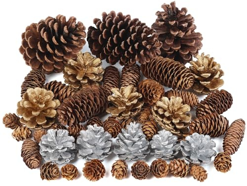 TaoQ C 45 Pièces Pommes de Pin Grande Mini Argentées Dorées Pommes de Pin de Noël pour Décorer Sapin de Noël Thanksgiving Fête d'hiver Bricolage Artisanat Guirlande Décoration