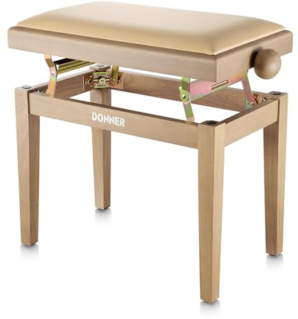 Donner Taburete de Piano Ajustable, Banco de Piano de Madera Maciza con Asiento de Piano y Cojín de Esponja de Alta Densidad, Taburete de Piano de Madera con Elevadores Metálicos, Beige